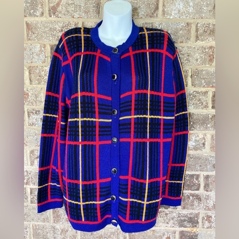 Vintage Cricket Lane  sweater cardigan blue red black yellow plaid Size Small